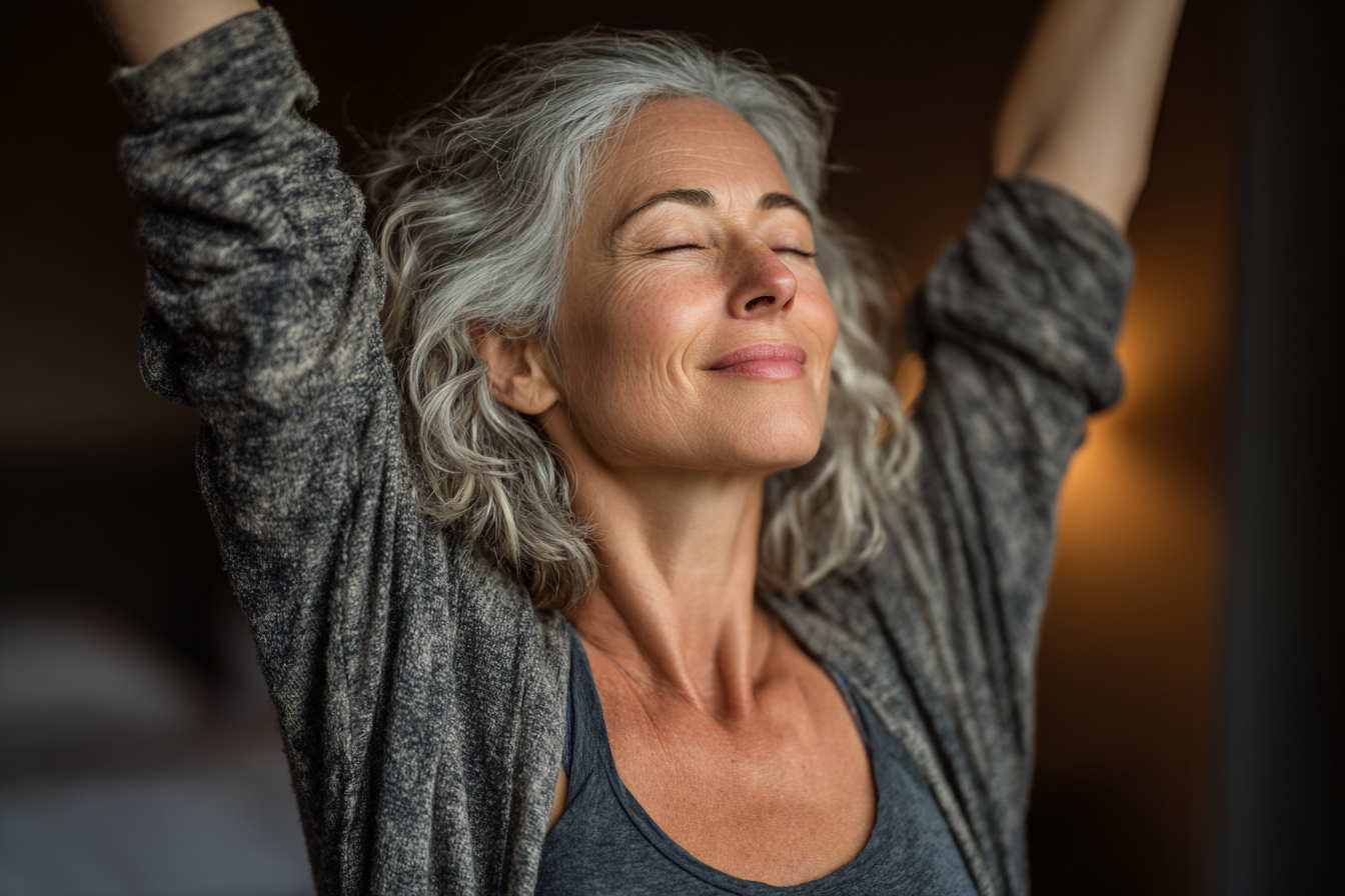 Літня жінка займається йогою у саду серед квітів