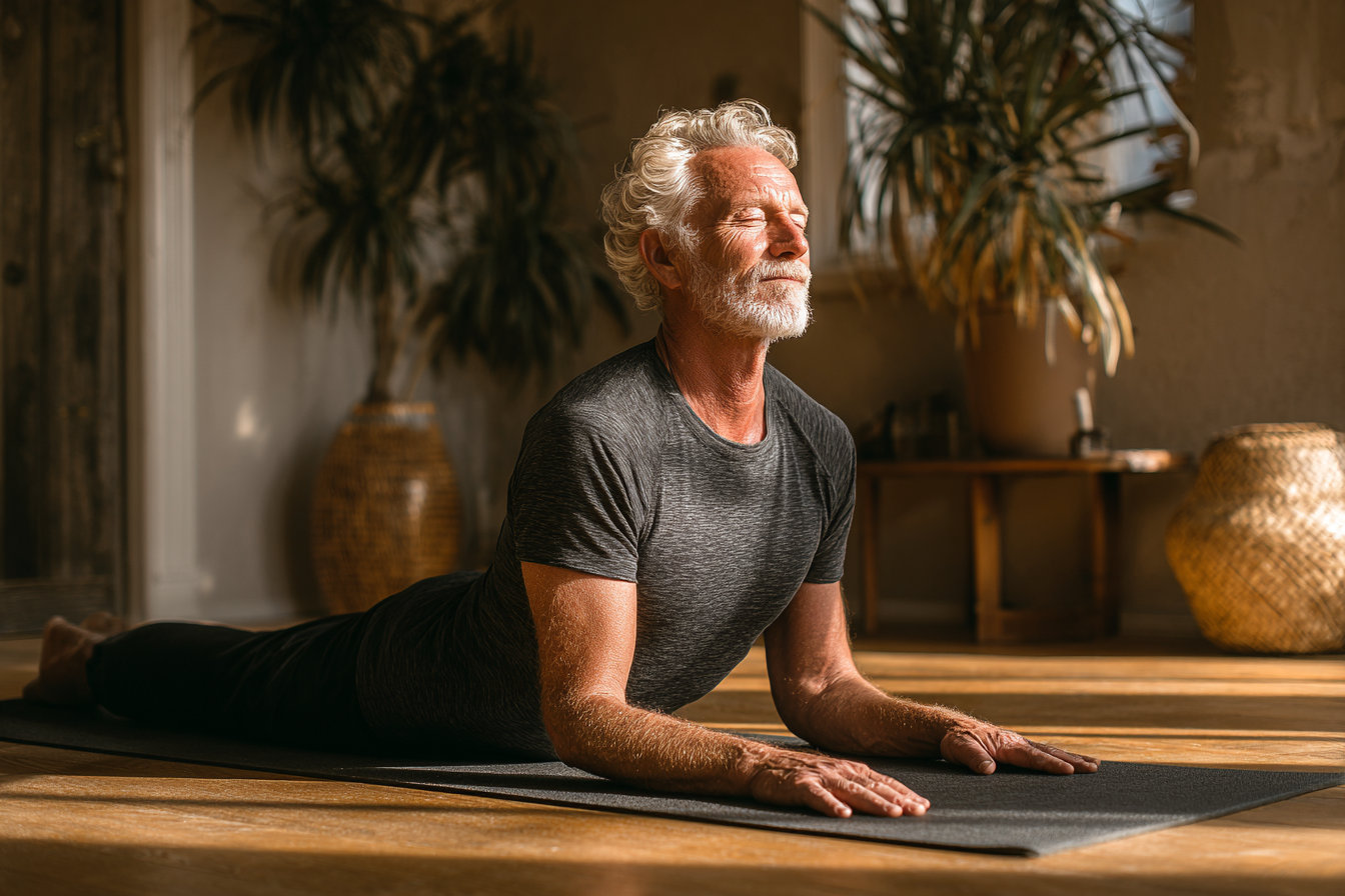 Група старших людей займається йогою на свіжому повітрі